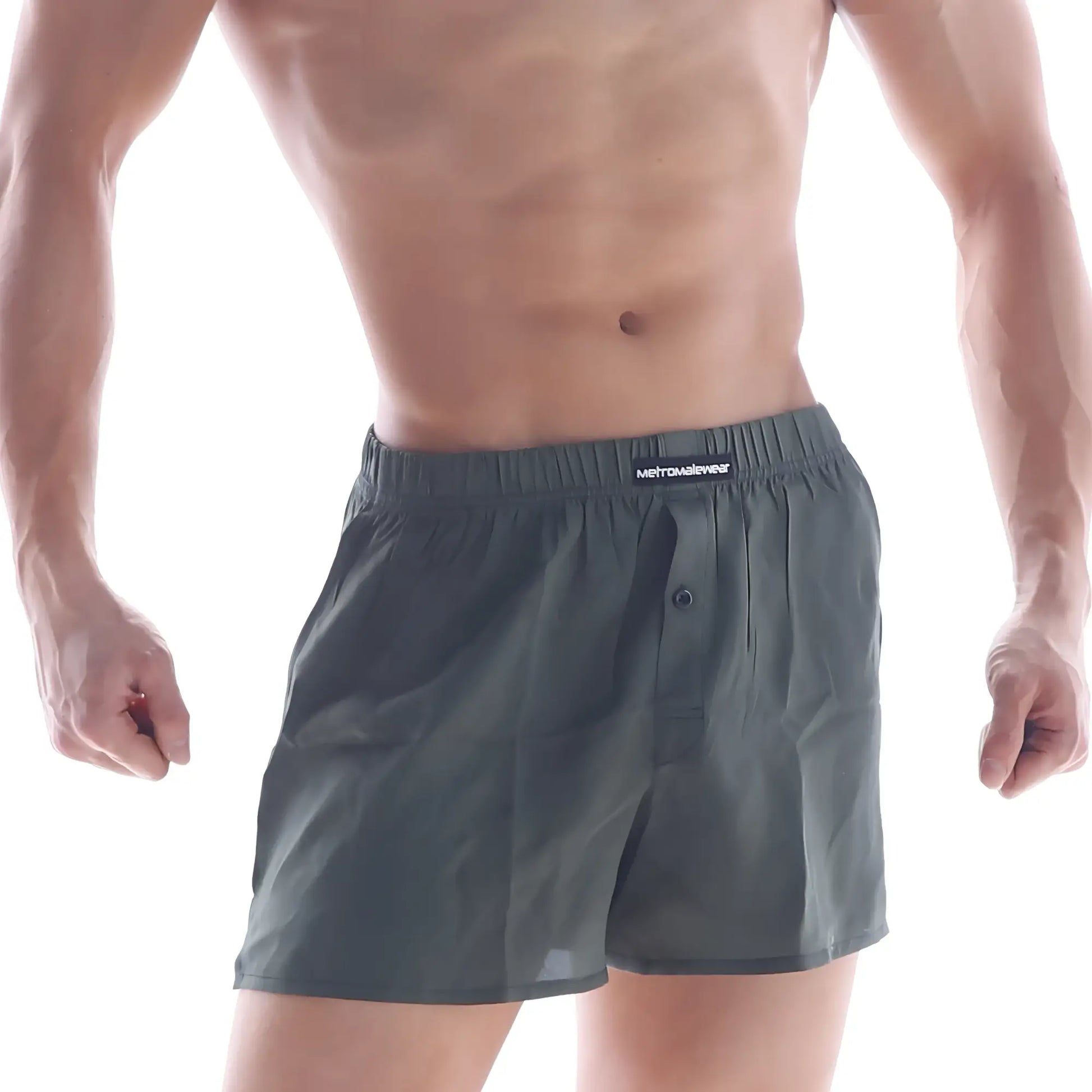 Dark gray cotton metro malewear boxers with black elastic waistband and single front button khaki s33-26 style