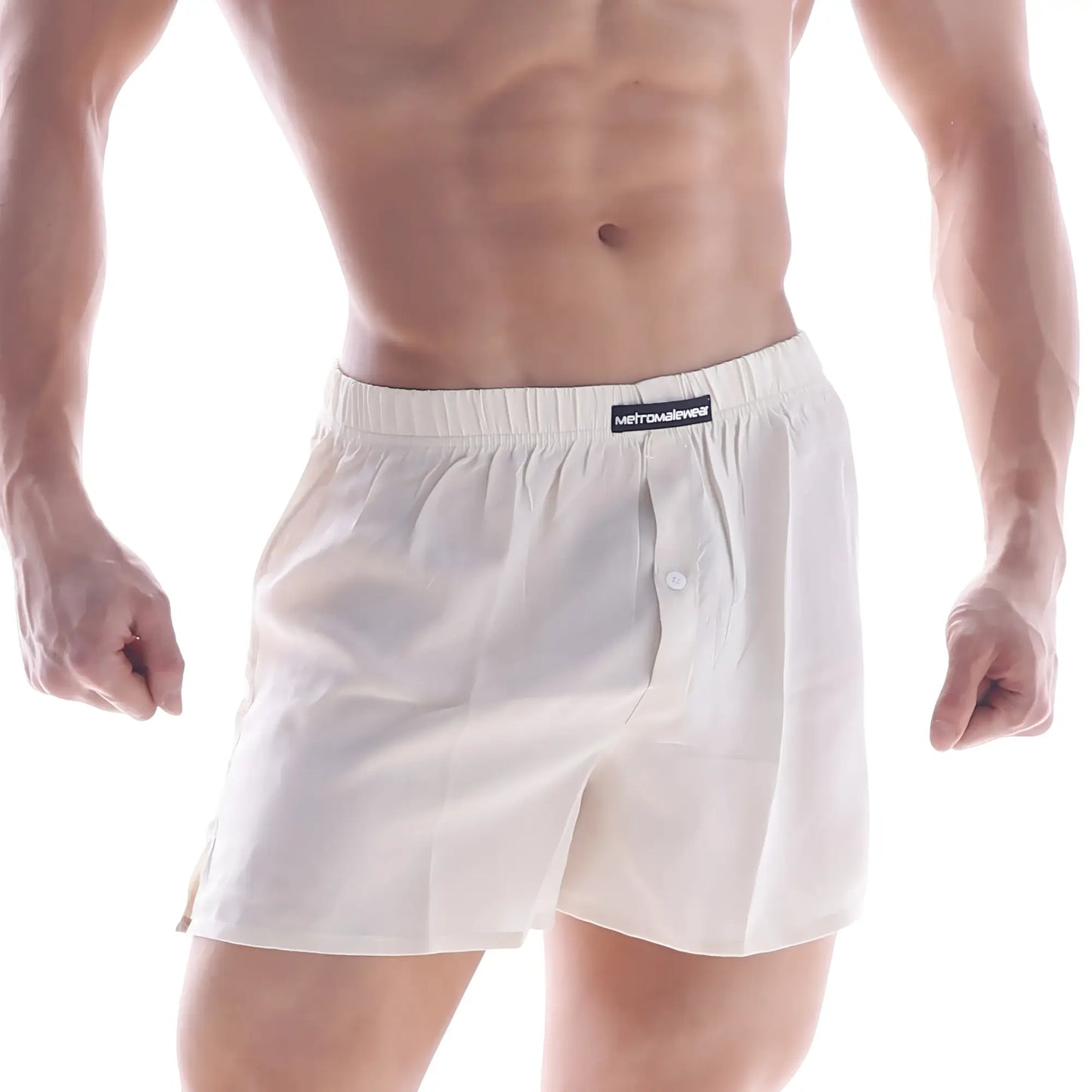 Nude silk satin boxer shorts with a button closure, elastic waistband, and a MetroMalewear label.