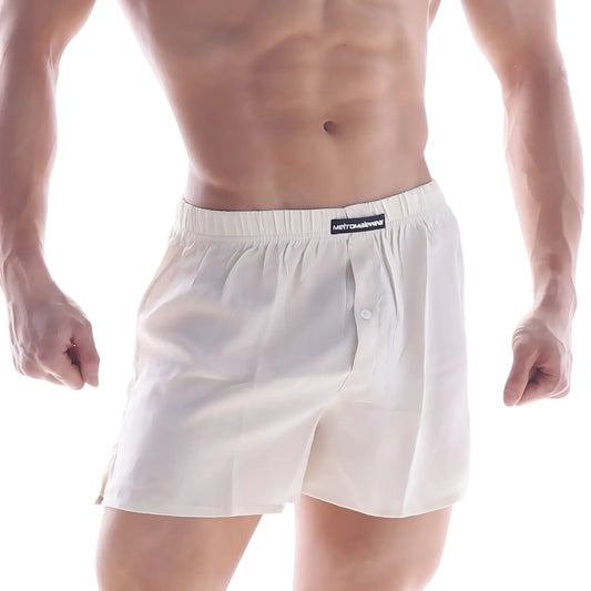 White cotton boxer shorts with button closure and elastic waistband featuring metromail label for metro malewear silk satin boxer nude s33-01