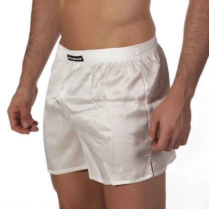 MetroMaleWear silk satin white boxer shorts with black brand label on waistband for comfortable men’s underwear