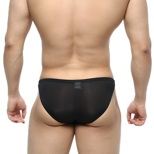 Black sheer mesh briefs with subtle MetroMaleWear brand tag at waistband slim bikini style 3604-30 front view