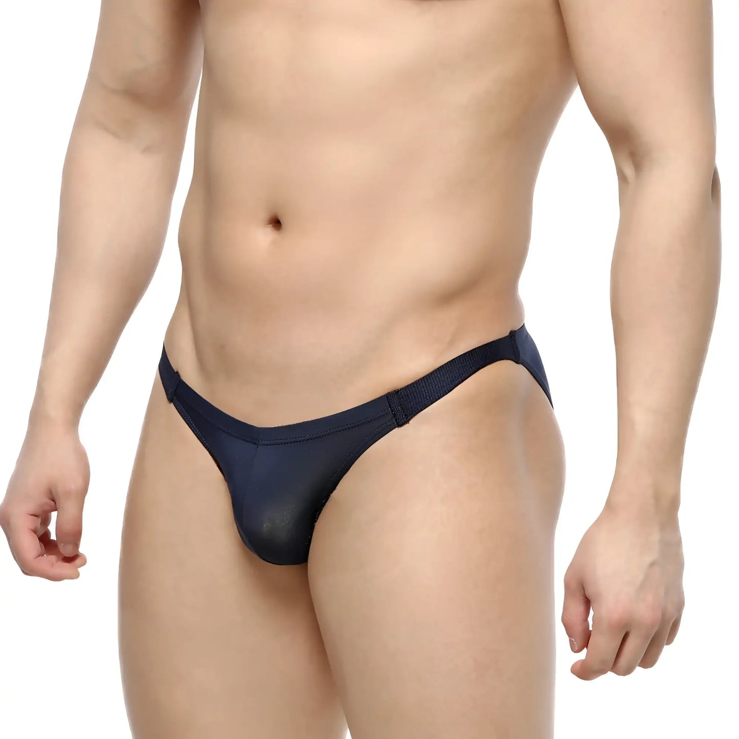 Navy blue slim bikini thong with sheer mesh and solid waistband from metromalewear model 3604-28 front view