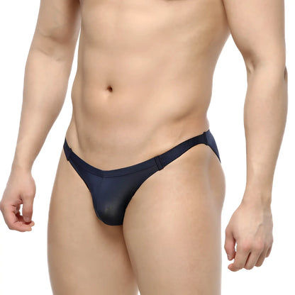 Navy blue slim bikini thong with sheer mesh and solid waistband from metromalewear model 3604-28 front view