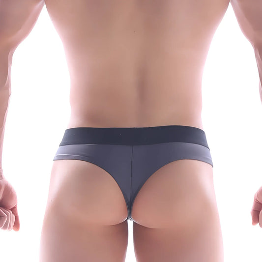 Dark gray sleek form-fitting thong with wide waistband from metromalewear in charcoal 2212-11
