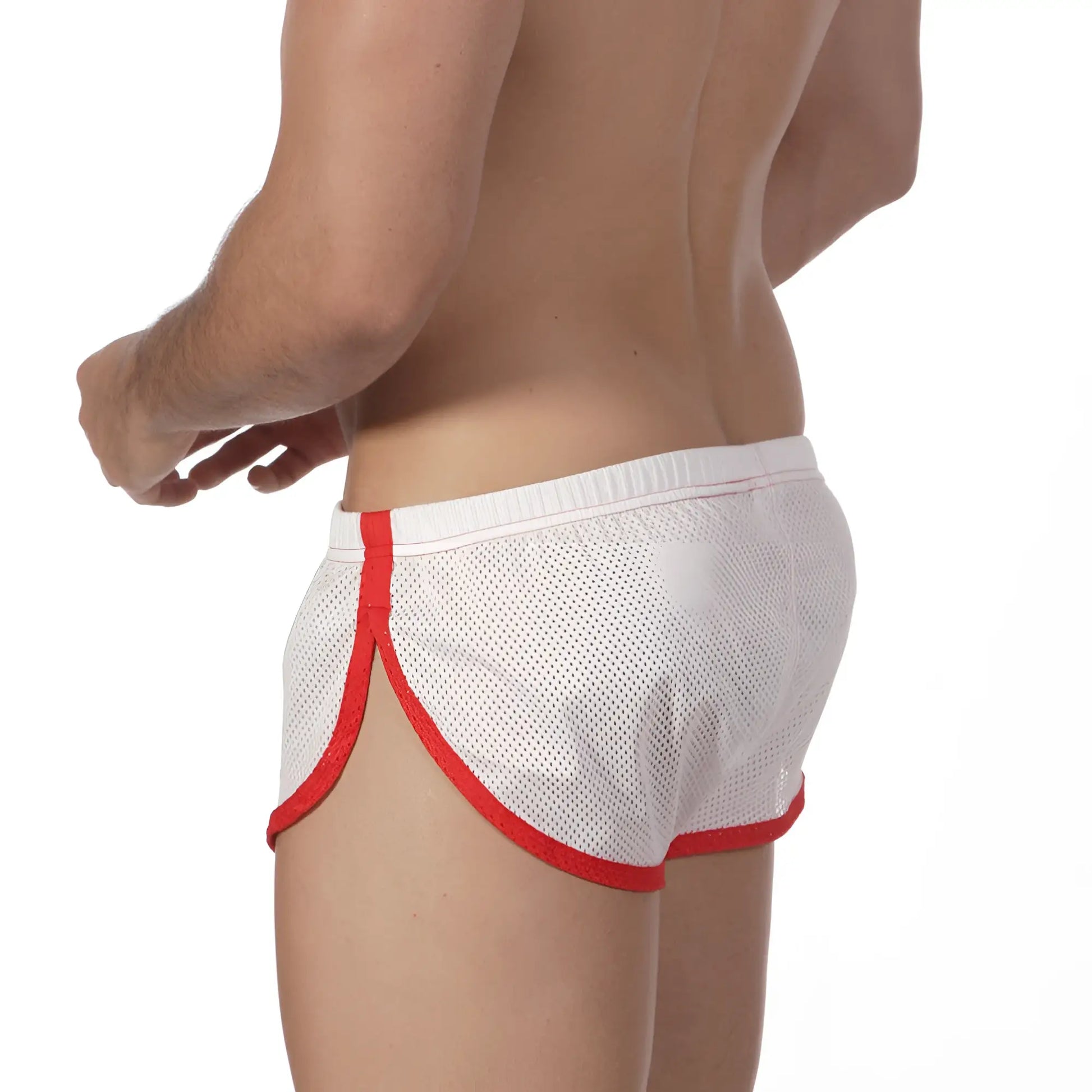 MetroMaleWear soccer split short white 4705-00 white mesh athletic shorts with red trim and elastic waistband