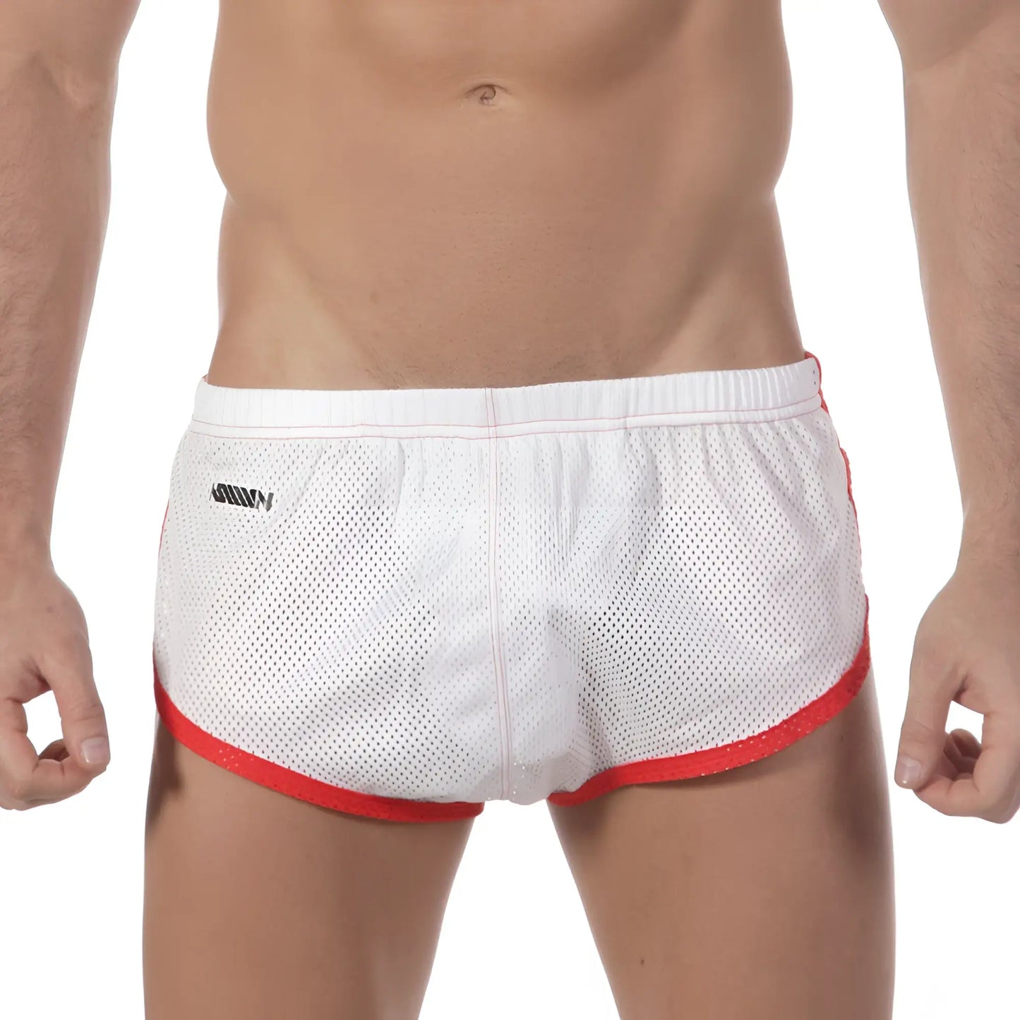 White mesh men’s briefs with red trim and black logo on waistband metro male wear soccer split short white 4705-00
