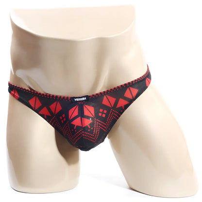 MetroMaleWear Spade Thong 2302-74 black and red geometric-patterned men’s briefs with breathable mesh fabric finish