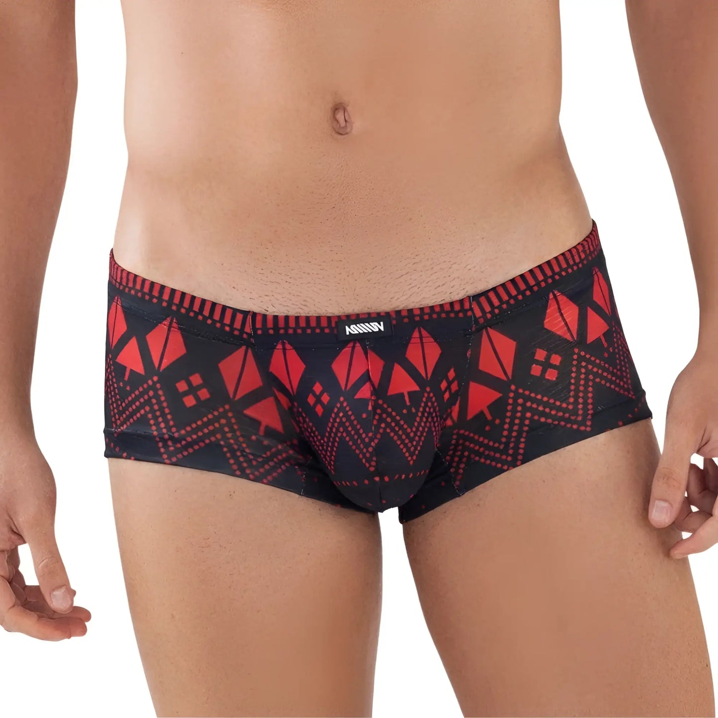 Men’s black and red geometric pattern briefs with bold tribal-inspired design MetroMaleWear spade trunk 2125-36