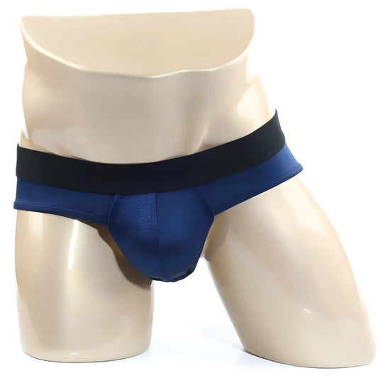 MetroMaleWear Spark Brief dark blue satin briefs with a black elastic waistband for stylish comfort
