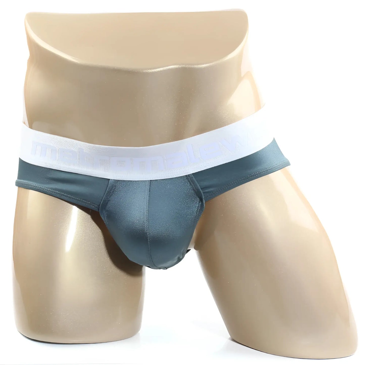 Dark teal satin MetroMaleWear Spark brief with white elastic waistband featuring subtle branding in front view