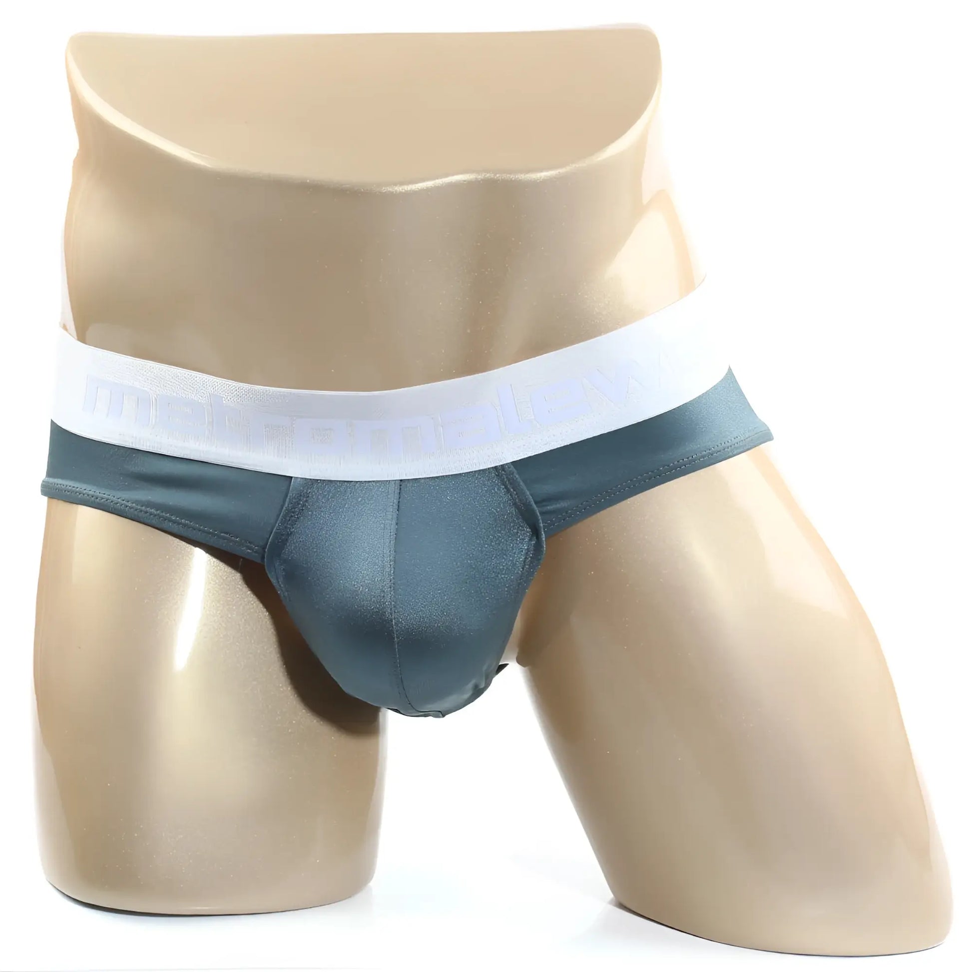 Dark teal satin MetroMaleWear Spark brief with white elastic waistband featuring subtle branding in front view