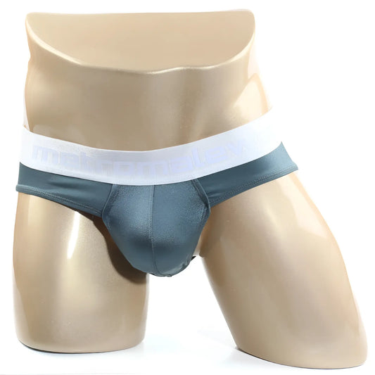 Dark teal satin MetroMaleWear Spark brief with white elastic waistband featuring subtle branding in front view