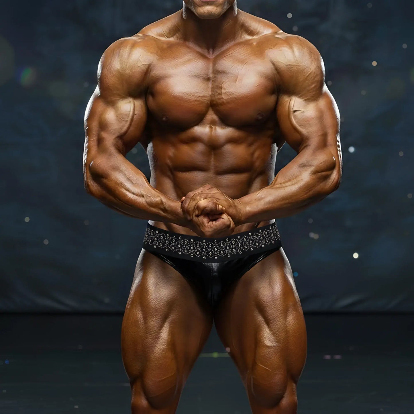 Black satin swim briefs with a sparkling silver beaded waistband by MetroMaleWear model 4946-40