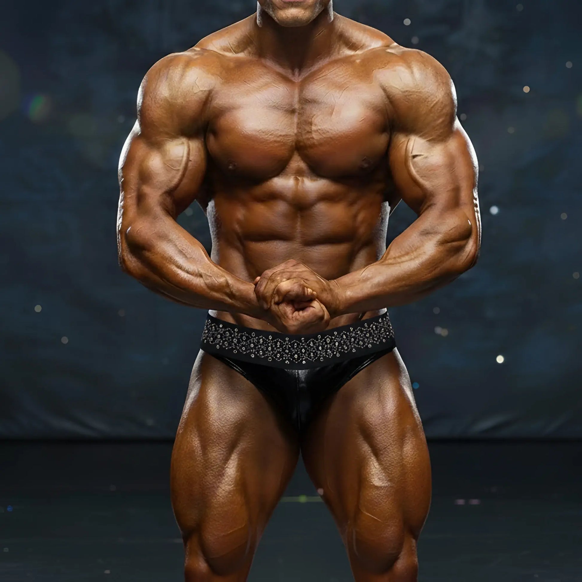 Black satin swim briefs with a sparkling silver beaded waistband by MetroMaleWear model 4946-40