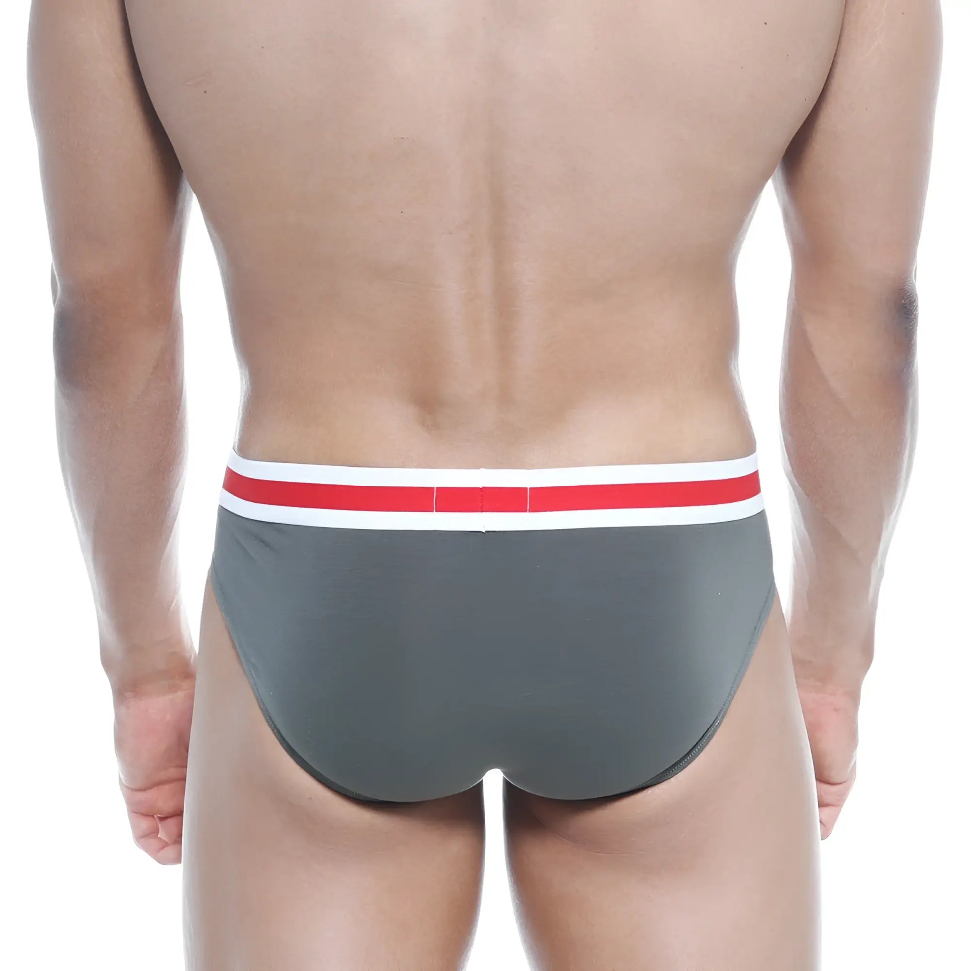 Gray briefs with a red and white striped waistband from MetroMaleWear Spartacus brief green 3804-26 collection