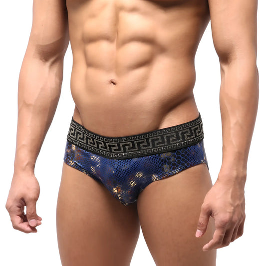 Blue lace briefs with black greek key waistband and metallic gold accents from metromalewear special edition swim brief