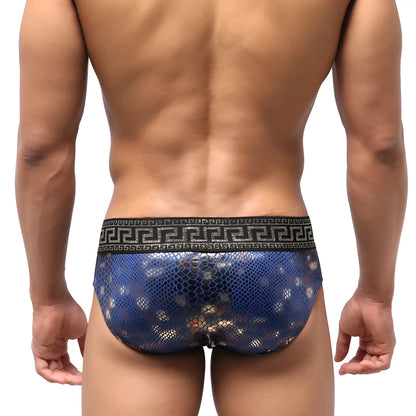 Blue snakeskin-patterned mens briefs with black greek key border waistband metroMalewear special edition aladdin swim brief