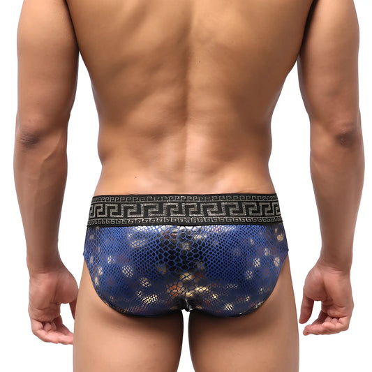 Blue snakeskin-patterned mens briefs with black greek key border waistband metroMalewear special edition aladdin swim brief