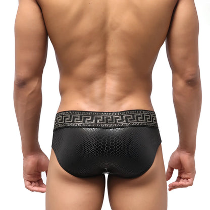 Black textured briefs with a greek key waistband pattern from MetroMaleWear special edition Anaconda swim brief 4916-SP2