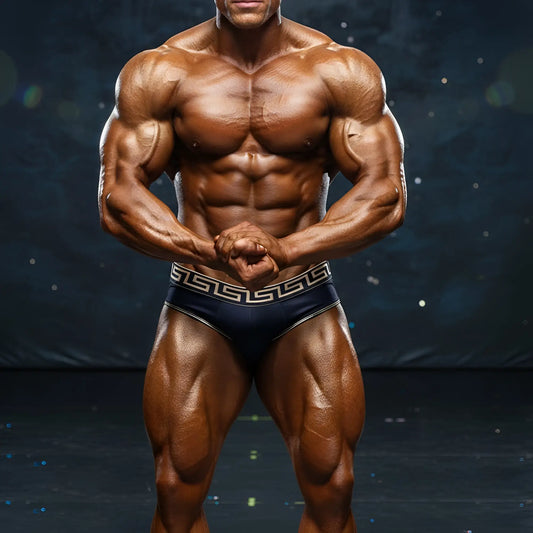 A muscular man wearing dark blue metro male wear special edition grid swim briefs with a white waistband pattern