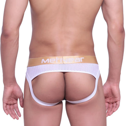 White mesh briefs with tan waistband featuring metwear logo from metromalewear speed jock strap 2301-00
