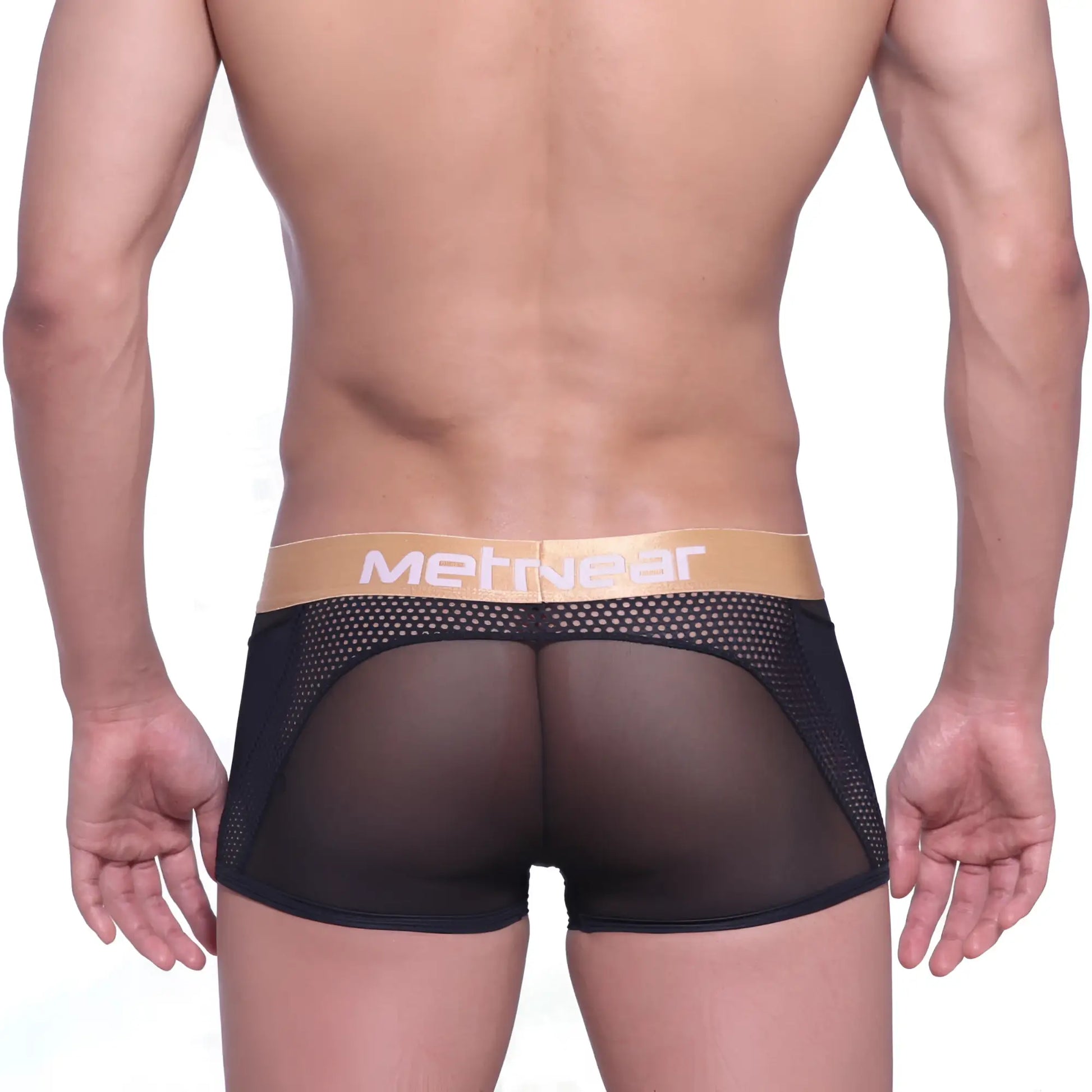 Black mesh briefs with tan metriwear waistband designed for comfort and breathability metro male wear speed mesh hip trunk