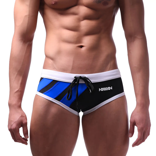 MetroMaleWear speed swim brief royal blue with blue and black stripes white trim and a drawstring waistband