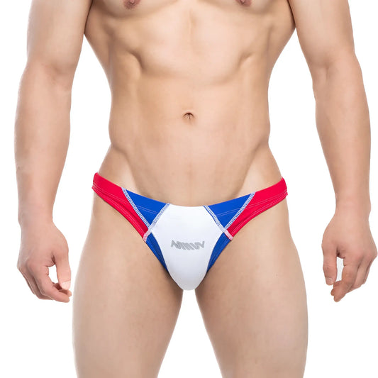 MetroMalewear splash swim bikini blue men’s briefs in red blue white color-block with silver arrow logo on front