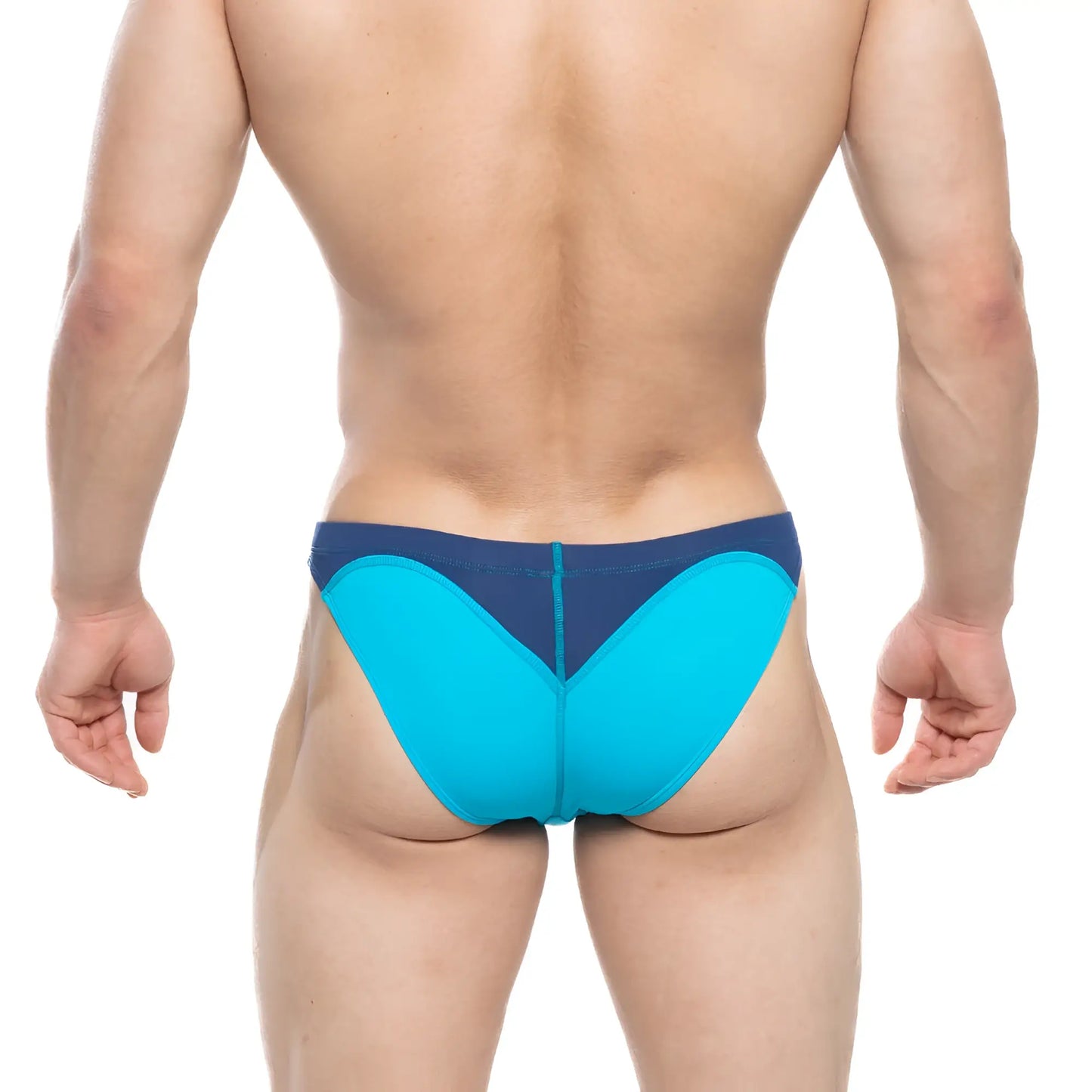 Bright turquoise and navy blue MetroMaleWear Splash Swim Bikini with sleek form-fitting design for athletic use