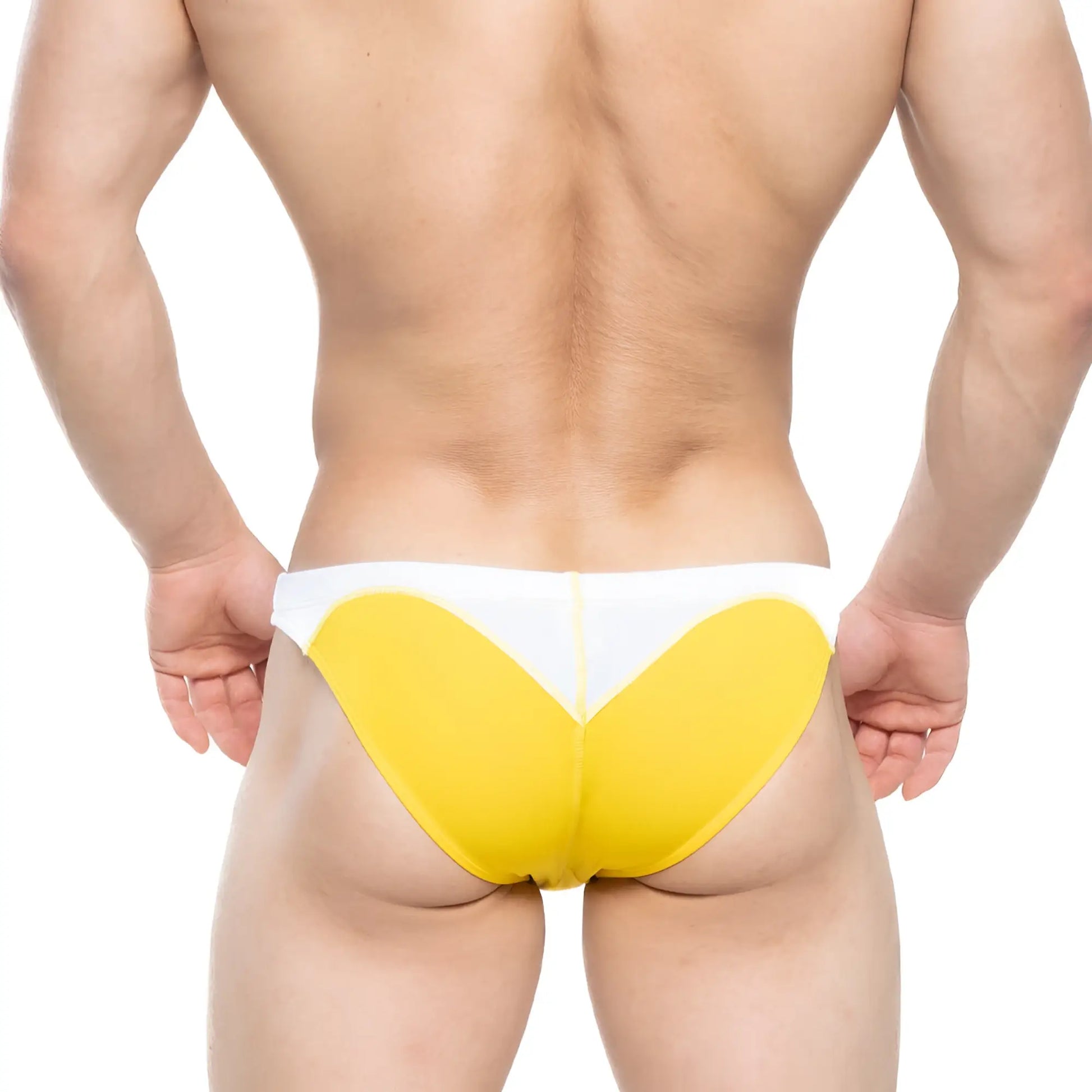 Yellow and white athletic briefs with bold heart-shaped design from metromalewear splash swim bikini 4989-15