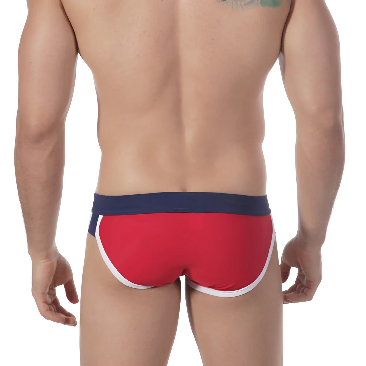 MetroMaleWear split swim brief red 4923-12 in red with navy blue waistband and white trim for swimwear use