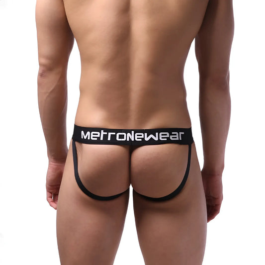 Black metronewear sport jock strap briefs with wide waistband and supportive leg straps for active wear