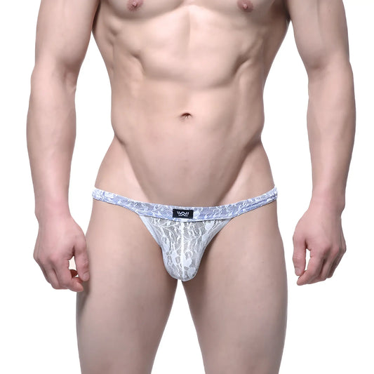 White lace thong by MetroMaleWear with blue patterned waistband and small black logo tag in ivory color