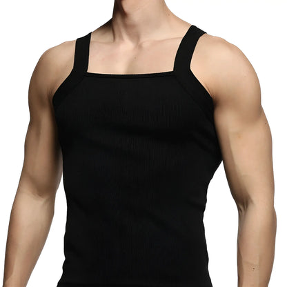 Black ribbed metro malewear tank top with square neckline and wide shoulder straps for casual wear