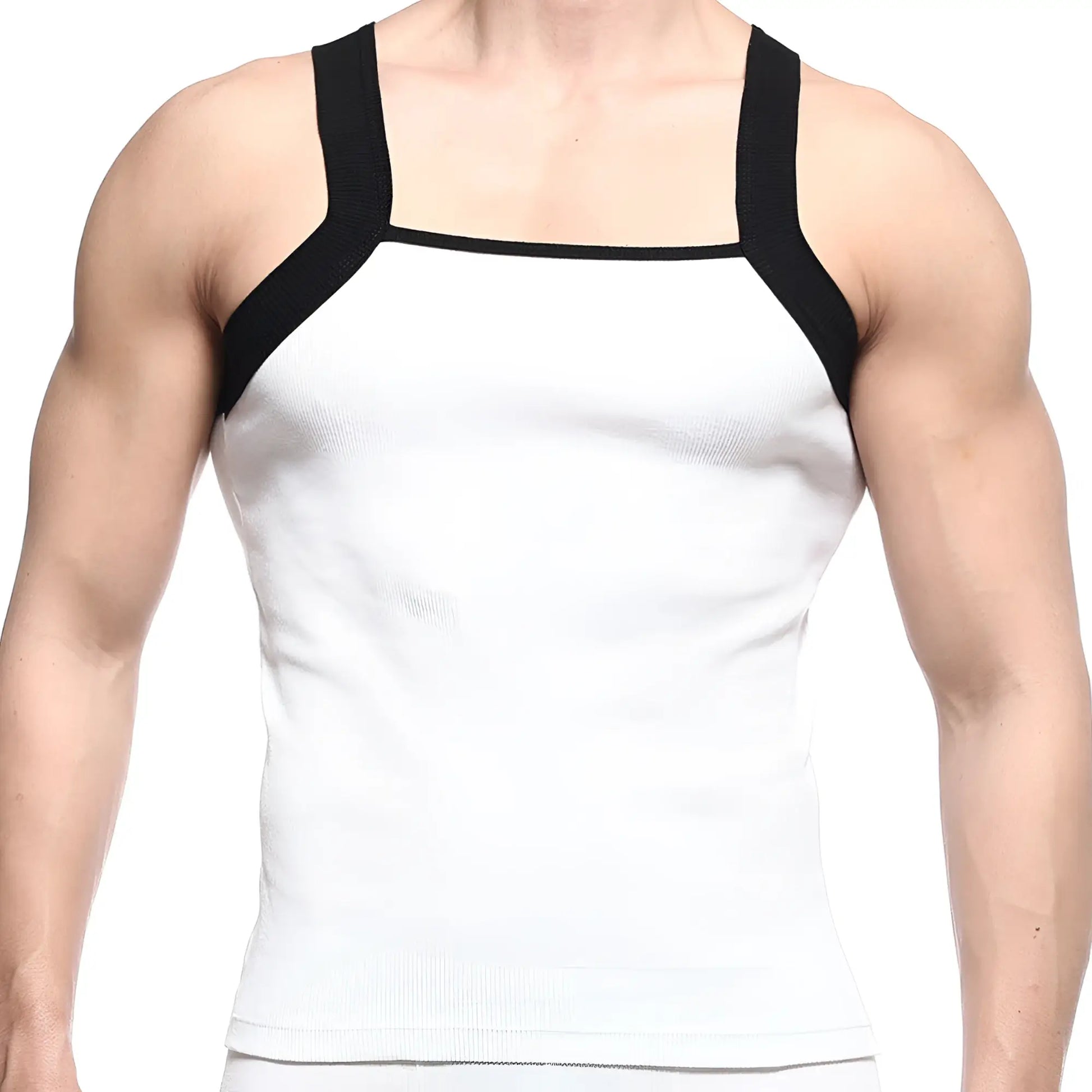 MetroMaleWear square cut tank top in white with black shoulder straps and a square neckline for casual wear