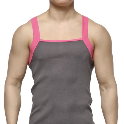 MetroMaleWear gray ribbed tank top with pink trim on straps and neckline square cut style for casual wear