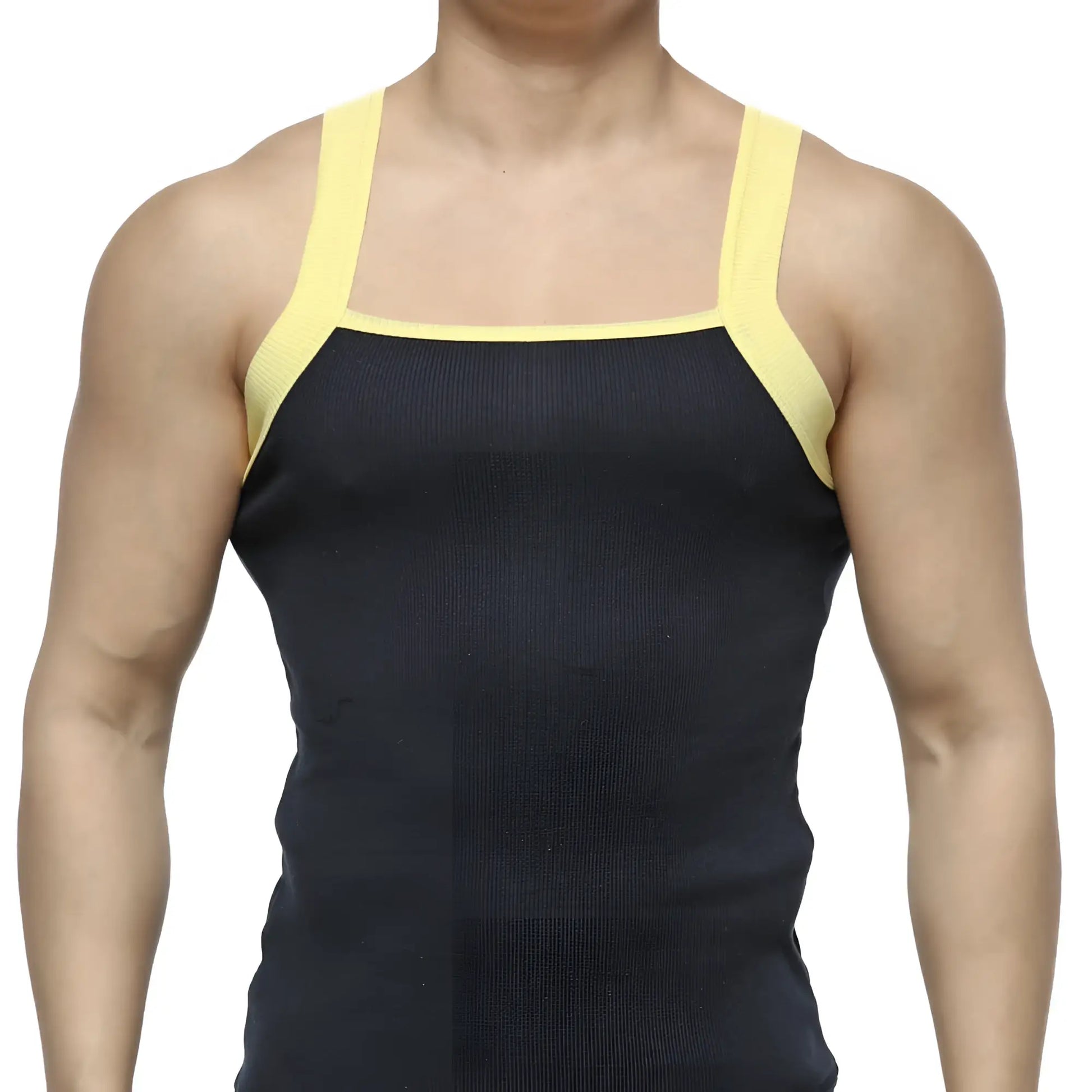 MetroMaleWear square cut tank top navy ribbed black with contrasting yellow shoulder straps for casual wear