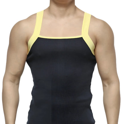 MetroMaleWear square cut tank top navy ribbed black with contrasting yellow shoulder straps for casual wear