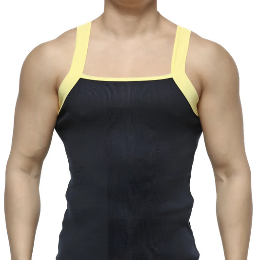 MetroMaleWear square cut tank top navy ribbed black with contrasting yellow shoulder straps for casual wear