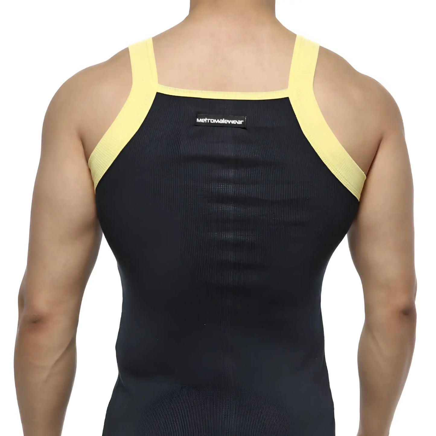 Black and yellow metroMalewear athletic tank top with ribbed fabric and square cut design for active wear