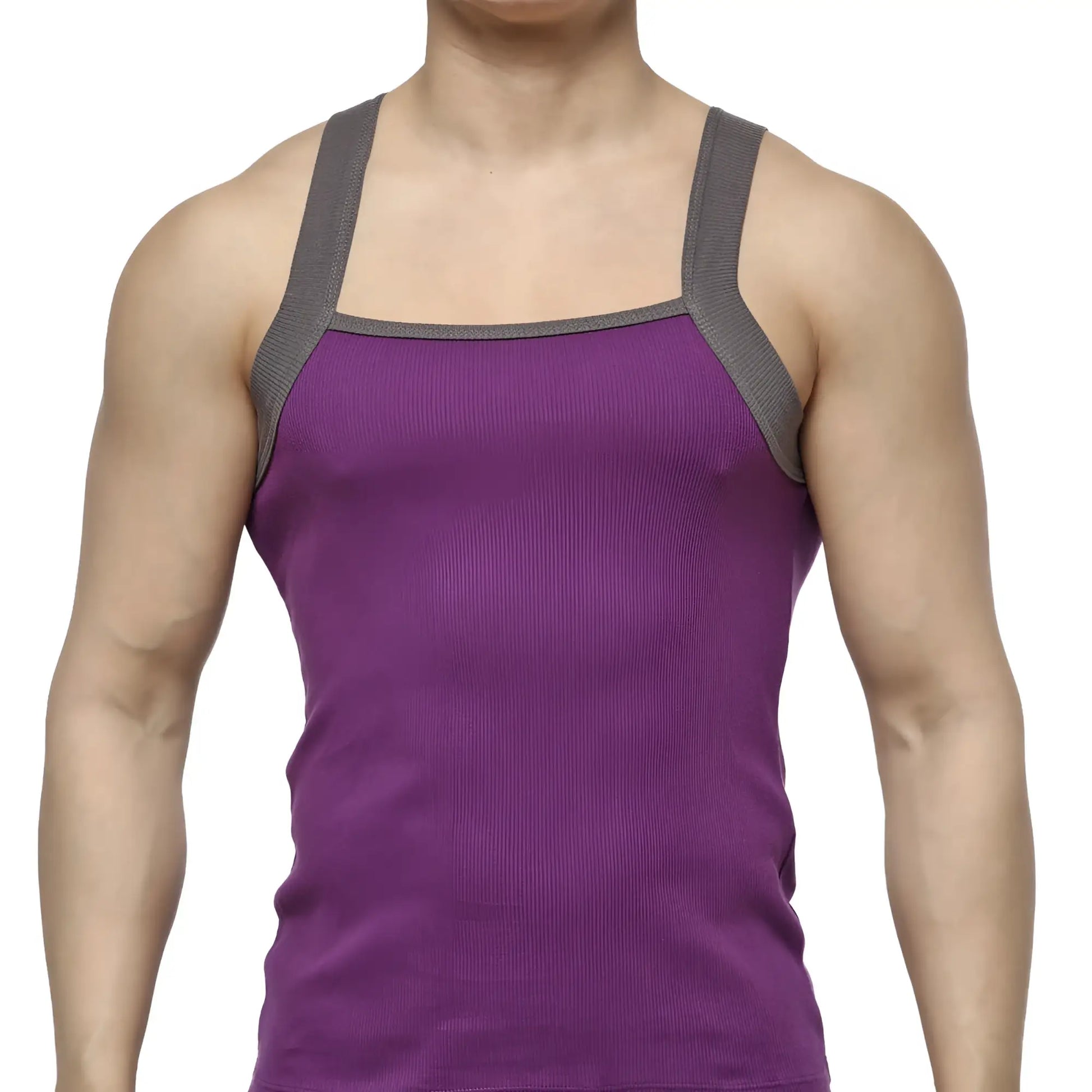 MetroMaleWear square cut tank top purple ribbed fabric with gray shoulder straps for casual wear