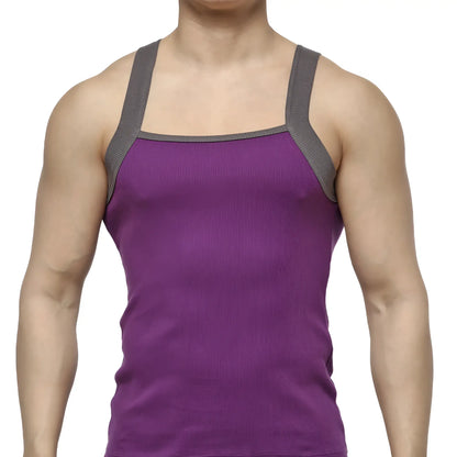 MetroMaleWear square cut tank top purple ribbed fabric with gray shoulder straps for casual wear