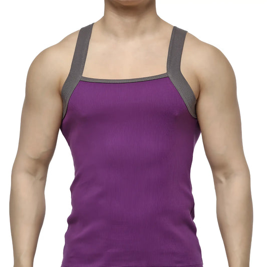 MetroMaleWear square cut tank top purple ribbed fabric with gray shoulder straps for casual wear