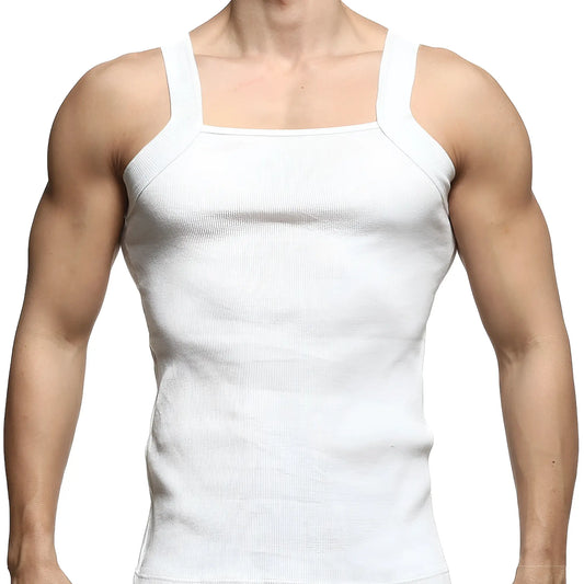 White ribbed cotton tank top with square neckline and wide shoulder straps by metromalewear model 3125-00