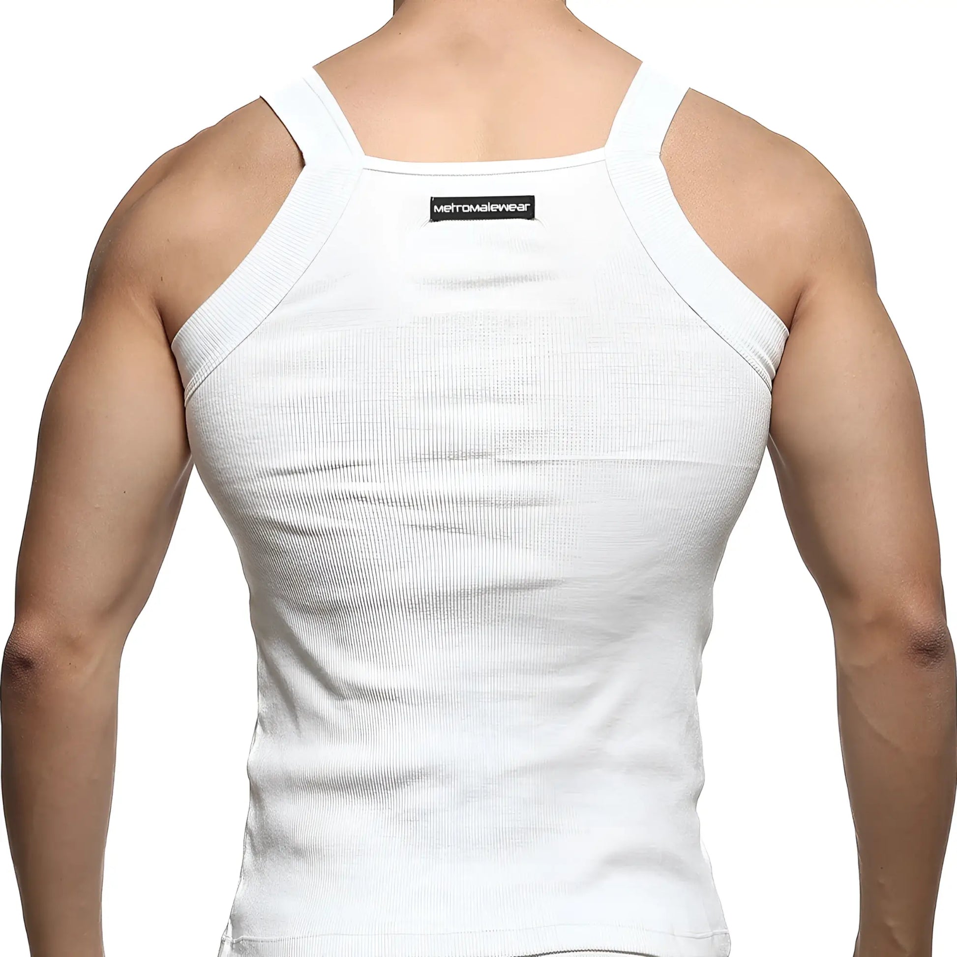 White ribbed square cut tank top with thin shoulder straps showing black metromalewear label at the back