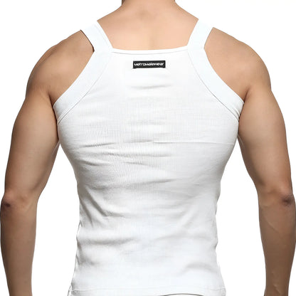 White ribbed square cut tank top with thin shoulder straps showing black metromalewear label at the back