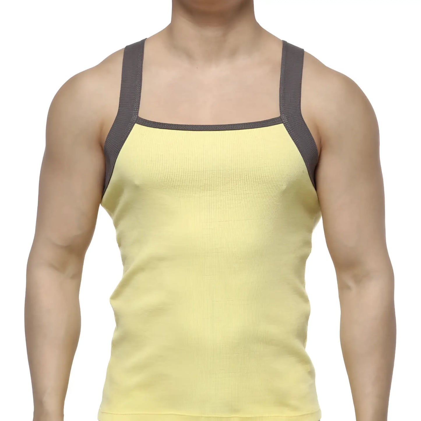 Yellow ribbed tank top with dark gray shoulder straps from MetroMaleWear square cut tank top collection