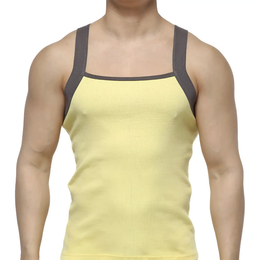 Yellow ribbed tank top with dark gray shoulder straps from MetroMaleWear square cut tank top collection