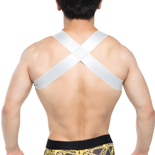 Metro malewear steel harness 1400-10 with white cross-back support strap shown from the back side
