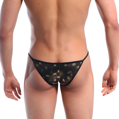 Black mesh thong with subtle gold and brown pattern metroMalewear string bikini dragon 2005-42 front view